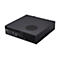 Schwarzer Mini-PC von ASUS. Vorderseite mit Anschlüssen, Lüftungsgitter, Seiten geriffelt, Logo.