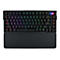 Schwarze Gaming-Tastatur mit RGB-Beleuchtung und integrierter Handballenauflage vor weißem Hintergrund.