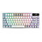 Draufsicht einer silberfarbenen mechanischen Tastatur mit weiÃŸen und grauen Tasten und RGB-Beleuchtung. Oben rechts befindet sich das ROG-Logo.