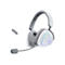 Casque de jeu blanc avec microphone et bandeau gris. Un dongle USB est à côté. Le casque dispose d'un éclairage RVB.