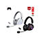 Zwei ROG Gaming-Headsets in Weiß und Schwarz mit RGB-Beleuchtung, Mikrofon und USB-Empfänger auf weißem Grund.
