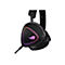 Schwarzes Gaming-Headset ROG Strix mit farbigen LED-Leuchten, diagonaler Perspektive.