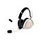 Weißes Gaming-Headset mit beleuchtetem Logo und USB-C-Adapter vor weißem Hintergrund.
