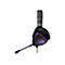 Schwarzes Gaming-Headset mit Mikrofon und RGB-Beleuchtung. Das ROG-Logo ist auf den Ohrmuscheln zu sehen.