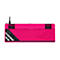Rückseite der pinken ROG Falchion Ace HFX Gaming-Tastatur mit Standfüßen, Kabelanschluss und Produktlabel.