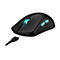 Schwarze Gaming-Maus mit blauen Tasten und USB-C-Anschluss. Ein leuchtender Streifen um das Scrollrad.