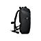 Schwarzer Rucksack, seitlich, auf weiÃŸem Hintergrund. Gepolsterte TrÃ¤ger, ReiÃŸverschluss und Schnallen.