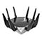 Ein Router, grau-schwarz, mit sechs Antennen. Unten ein silbernes Dreieck mit Tasten.
