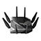 Schwarzer Router mit sechs Antennen, ROG-Logo. Aufschrift: Public of Gamers. Schwarzer Hintergrund.