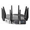 Schwarzer Router mit sechs Antennen, im Detail. Auf der Oberseite ist das ROG-Logo zu sehen, Rückseite mit Anschlüssen.