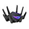 Schwarzer Router mit acht Antennen, die von der Mitte ausstrahlen. Auf der Oberseite leuchtet das ROG-Logo in Violett und Blau.