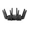 Schwarzer WLAN-Router mit mehreren Antennen. Details wie LÃ¼ftungsschlitze und Leuchten sind sichtbar.