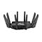 Schwarzer Router mit mehreren Antennen, ROG-Logo, Details. Auf weiÃŸem Hintergrund.