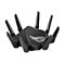 Schwarzer Router mit sechs Antennen, ROG-Logo und Details. Er steht vor weiÃŸem Hintergrund.