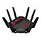 Schwarzer Router mit roten LEDs und Antennen. ROG-Logo prominent.
