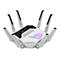 Weißer Gaming-Router mit sechs Antennen, futuristischem Design und beleuchtetem ROG-Logo vor weißem Hintergrund.