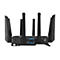 Schwarzer Router mit sechs Antennen, Ports und Beschriftungen.