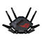 Schwarzer Asus ROG Gaming-Router mit sechs Antennen, auffälligem Logo und futuristischem Design.