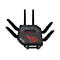 Schwarzer Asus ROG Gaming-Router mit sechs Antennen und leuchtendem rotem Logo auf der Oberseite.