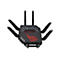 Schwarzer Asus ROG Gaming-Router mit sechs abstehenden Antennen und leuchtendem roten Logo auf weißem Grund.