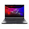 Dunkelgraues Gaming-Laptop mit beleuchtetem Bildschirm, ROG Strix-Logo. Tastatur, Touchpad sichtbar.