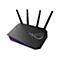 Schwarzer Asus ROG Gaming-Router mit vier Antennen und leuchtendem RGB-Logo vor weißem Hintergrund.