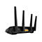 Schwarzer Gaming-Router von hinten mit vier Antennen und gelben LAN-Anschlüssen vor weißem Hintergrund.