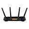 Rückseite eines schwarzen Routers mit vier Antennen, LAN-Ports, USB-Anschluss und Stromanschluss.