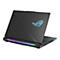 Schwarzer Laptop, teilweise geöffnet, mit beleuchtetem Logo. Die Unterseite und die Seiten sind mit farbigen Lichtern versehen.