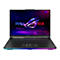 Schwarzer Laptop mit ROG Strix-Logo und farbiger Hintergrundbeleuchtung der Tastatur und Basis.