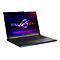 Schwarzer Laptop mit farbig beleuchteter Tastatur und ROG Strix Logo auf dem Display.