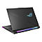 Schwarzes Gaming-Laptop, von hinten betrachtet. Blau beleuchtetes ROG-Logo. RGB-Lichtleiste an der Unterseite.