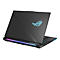 Schwarzes Laptop mit leuchtendem ROG-Logo und farbiger Beleuchtung an der Unterseite.