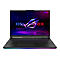 Schwarzer Gaming-Laptop mit beleuchteter Tastatur. ROG Strix-Logo auf dem Display. Neonfarbene Akzente am Gehäuse.