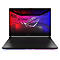 Schwarzer Laptop, Display mit ROG Strix Logo und farbigen Lichtern.