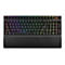 Schwarze mechanische Gaming-Tastatur mit RGB-Beleuchtung und abnehmbarer Handballenauflage auf weißem Hintergrund.
