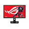 Un moniteur de jeu ROG sur fond blanc. Sur le moniteur, un robot avec un masque à gaz et une arme sur fond rouge avec le logo ROG et des inscriptions.