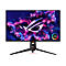 Schwarzer Asus ROG OLED-Monitor. Auf dem Bildschirm leuchtet ein futuristisches Logo vor einem farbenfrohen Hintergrund. Der Standfuß hat drei schlanke Beine.