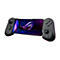 Schwarzer Handheld-Controller mit Smartphone; Logo, Buchstaben.