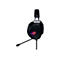 Schwarzes Gaming-Headset mit Mikrofon, Logo. Auf weiÃŸem Hintergrund.