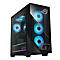 Schwarzer PC-Tower mit Glasfront, beleuchtet von blauen Lüftern. ROG-Logo.