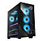 Schwarzer PC-Tower mit Glasfront. Innenbeleuchtung mit blauen und lilafarbenen LEDs. ROG-Logo.