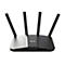 Schwarzer Asus Router mit vier aufrechten Antennen vor weißem Hintergrund.