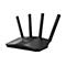 Schwarzer Asus WLAN-Router mit vier abstehenden Antennen auf weißem Hintergrund.