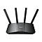 Schwarzer Router mit vier Antennen, auf weißem Hintergrund.