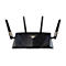Schwarzer Router mit vier Antennen, beleuchteten Anzeigen, ASUS-Logo.