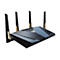 Schwarzer WLAN-Router mit vier Antennen, Goldakzenten und Anzeigeleuchten.