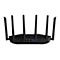 Schwarzer Router mit sechs Antennen, Ports und Knöpfen. Beschriftung: Power, LAN, WAN, USB 3.0, WPS und Reset.