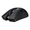 Schwarze Gaming-Maus, Detailansicht. Auf der Oberseite befindet sich ein Scrollrad und eine blaue LED.
