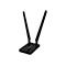 Schwarzer Asus WLAN-Adapter mit zwei ausgerichteten Antennen auf einer flachen Basis vor weißem Hintergrund.